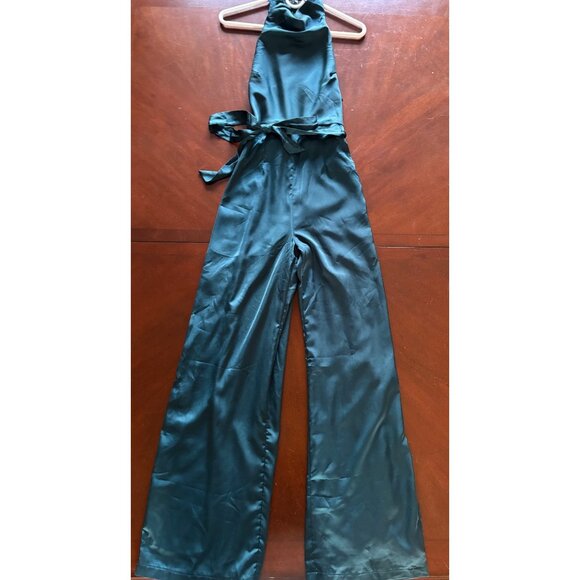 Lulus Luxe Vision Satin Halter Wide-Leg Jumpsuit Dark Teal Women’s Medium NWT - Picture 12 of 12